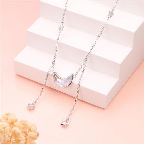 925 Sterling Silver Jewelry Crescent Moon and Star Pendant Necklace - Picture 4 of 8